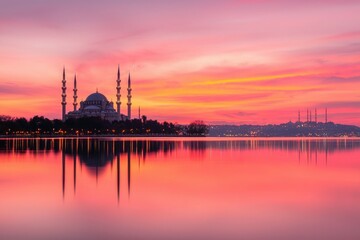 Fototapeta premium Mosque silhouette reflecting on water at sunset. City background. Travel image