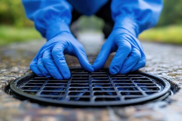 Hands in gloves near drain grate