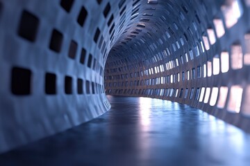 Walking Through Modern Tunnel Interior with Square Windows and Smooth Floor