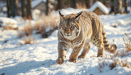 Majestic Lynx in Snowy Landscape, Wild Lynx in Snow, Snow-Covered Terrain, Lynx in Winter Wilderness, Beautiful Snow Scene, Winter Wildlife, Lynx in the Cold, Winter Animal in Snow