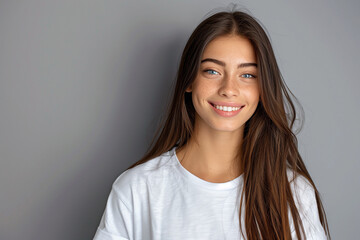 Obraz premium Nice young woman with cute smile wearing white t-shirt indoor portrait