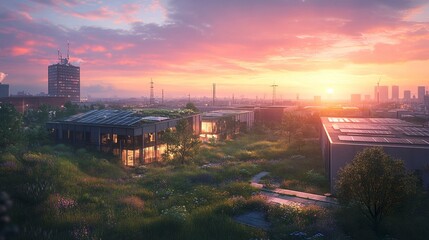 Naklejka premium A wide-angle view of an industrial zone, featuring a warehouse complex with solar-powered rooftops, grassy surroundings, and scattered trees under a colorful sunset. 