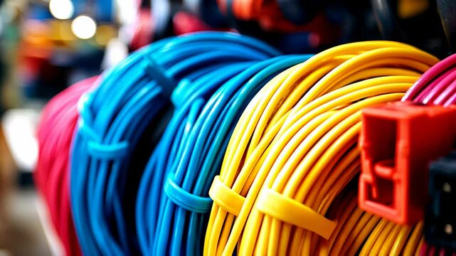 Vibrant Network Cables in Blue, Yellow, and Red Colors. A close-up image showcasing a variety of colorful network cables neatly arranged, highlighting modern connectivity solutions