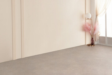 Empty the luxury modern room with a large window and natural light, shadowy room walls, and a blank...