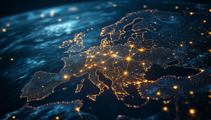NIS2 EU Cybersecurity Directive Concept, Global Network Connections Illuminated Europe Digital Map