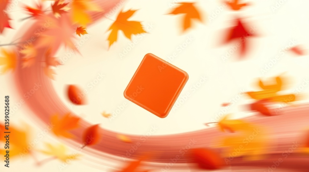 Poster autumn leaves swirl around a square object on cream background
