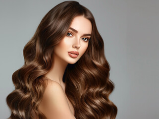 Stylish model with natural trendy make-up, fresh skin and curly long beauty hairstyle. Fashion, glamour and elegance concept