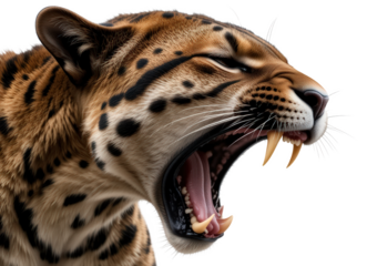 A panther roaring and showing its sharp canine teeth, isolated on transparent background. 