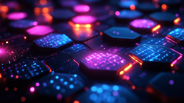 Abstract glowing hexagon shape on dark background. A futuristic surface with shimmering lights and geometric shapes.