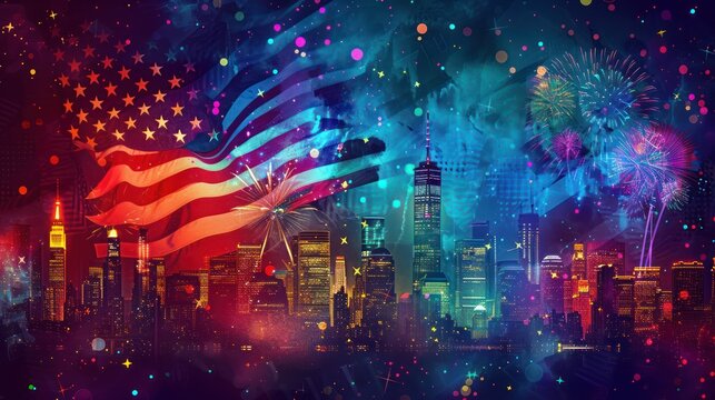 an American flag waving in the wind, with colorful cityscape and colorful fireworks and a starry night inside the outline,