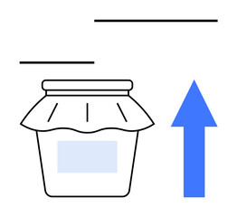 Jar with simple cover and upward blue arrow represents growth, progress, or success. Ideal for food industry, retail, sales, market growth, innovation productivity business development. Flat simple