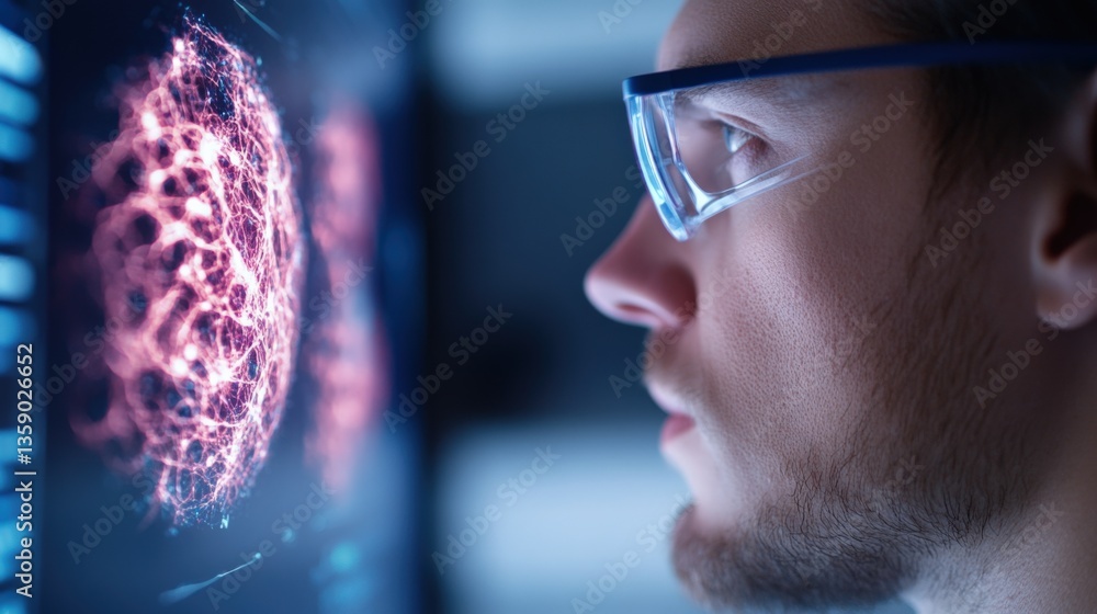 Poster scientist examining data on screen