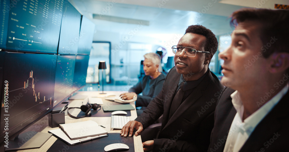 Poster Computer screen, stats and business people with charts for stock market and internet with connection. Employees, traders and advice for investment, pc and financial growth with graphs for profit