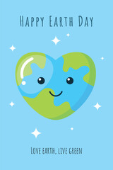 Happy Earth Day poster globe in heart shape on blue background. Earth day greeting card. Ecological consept.Graphic illustration banner. Save the planet. April 22.Flat vector illustration.
