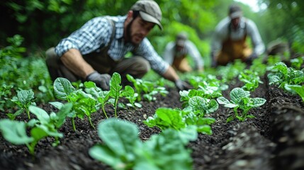Farmers planting seedlings in a garden.