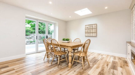 bright dining room with wooden table and glass doors