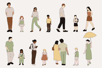 flat minimal people male and female vector illustration in spring summer clothing with outline concept isolated set collection. For architecture rendering, graphic design, info graphic, media