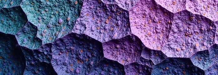 Purple  green rock background for design. Dark viva magenta. Toned mountain surface. Close-up. Rough stone texture. Cracked, crumbled, broken. 3d shape