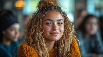 Obraz premium Smiling young woman with curly hair.