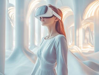 Futuristic woman in white VR headset, glowing digital background.