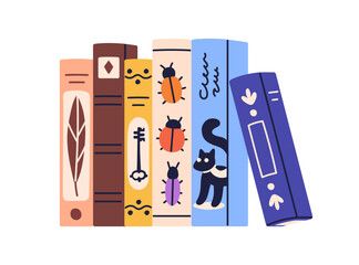 Books row standing in line. Kids library with fairytale covers on shelf. Fairy tale, fiction, encyclopedia, childrens literature for reading. Flat vector illustration isolated on white background