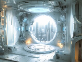 Sci-fi spaceship chamber featuring cutting-edge AI-powered interfaces.