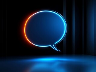Neon-style speech bubble with blue and orange glowing edges.