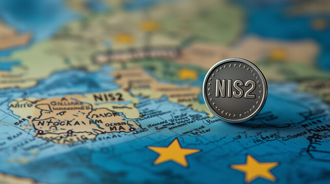 NIS2 EU Cybersecurity Directive Concept, NIS2 Directive Compliance European Union Cybersecurity Regulation on a Map