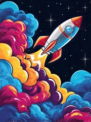Rocket Launch in Space. Rocket is a classic, cartoon-style design with a red nose cone, white body, and blue accents.