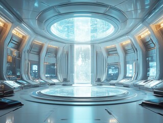 Futuristic sci-fi control room with glowing holographic interface.