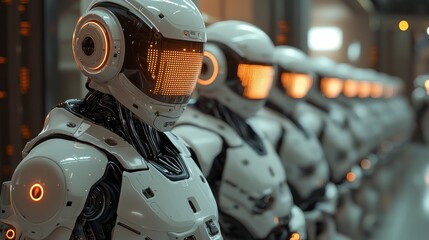 Fototapeta premium Row of futuristic robots in a factory.