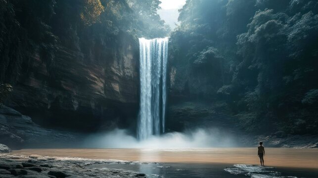 Majestic waterfall cascading into a tranquil pool.  A solitary figure stands in awe of nature's beauty