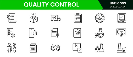 Quality control web icons set vector Illustration. Thin line icons for quality control, inspection, management, analysis, certification, standards, and compliance.