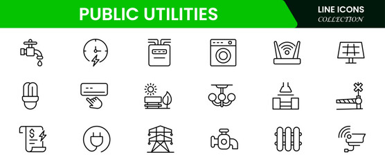 Public utilities icon collection set. power, gas, and water. Signed thin line icons collection.