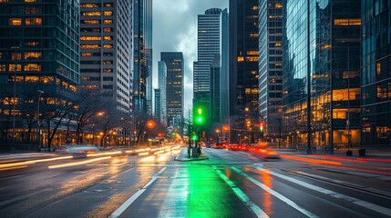 Naklejka premium Bright green light shining in the foreground with corporate towers and active city streets defining the business district scene. 