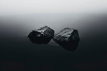 Naklejka premium Stones sit calmly in dark lake, creating ripples. Serene nature background