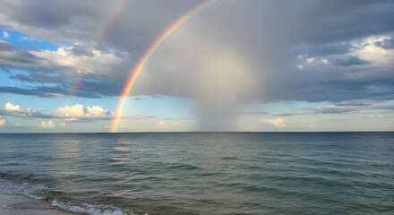 A picturesque beach scene at midday showcasing a colorful rainbow above tranquil waves