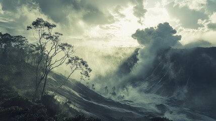 Fototapeta premium Volcanic landscape at dawn. Misty, dramatic scene of a steaming volcano. Trees and vegetation cling to the volcanic slopes. Sunrise peeks through clouds