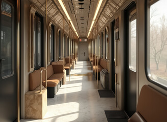 Obraz premium sunlit interior of a modern train car with tan seats and gold accents