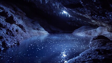 Cavern shrouded in darkness faintly lit by the spectral glow of crystals water lies still yet alive with the presence of lurking creatures.  
