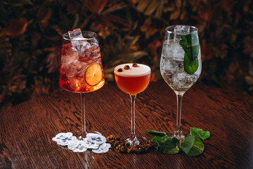 beautiful cocktails in warm colors on a flower background. cocktail or bar menu concept.