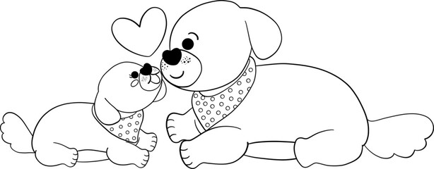 Father's Day Dog Dad and Baby Wear a scarf in flat design outline style