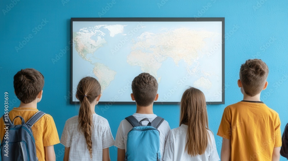 Poster children observing world map in classroom setting with vibrant colors