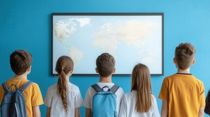 Children Observing World Map in Classroom Setting with Vibrant Colors