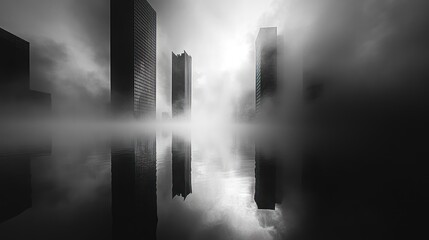 Foggy city skyscrapers reflected in water, urban scene, minimalist art, print