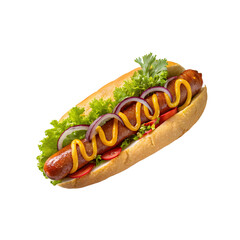 Hot dog with mustard and ketchup on a white background