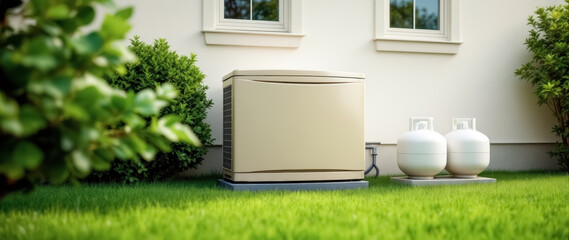 beige home generator with two white propane tanks on a green lawn