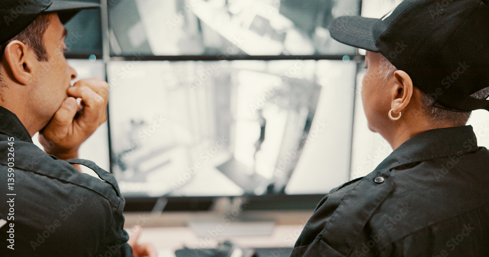 Poster camera, security and people on computer screen for surveillance, inspection and investigation. obser