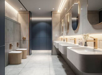 modern minimalist bathroom interior with sleek curved sinks and toilets