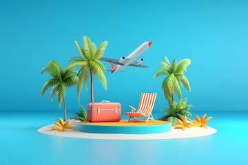 Obraz premium Tropical island with beach chair and luggage on blue background. Summer travel concept 